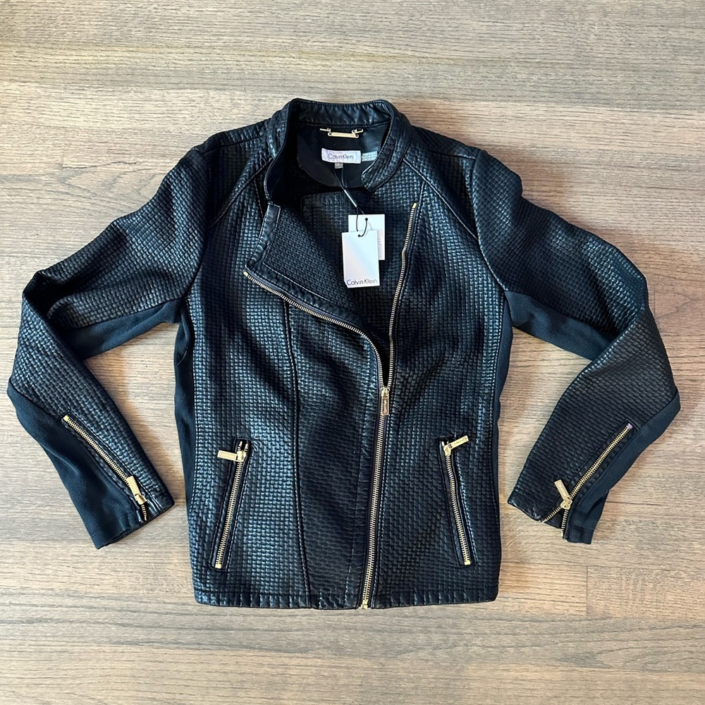NEW Calvin Klein Black Faux Leather Moto Jacket-Size Small